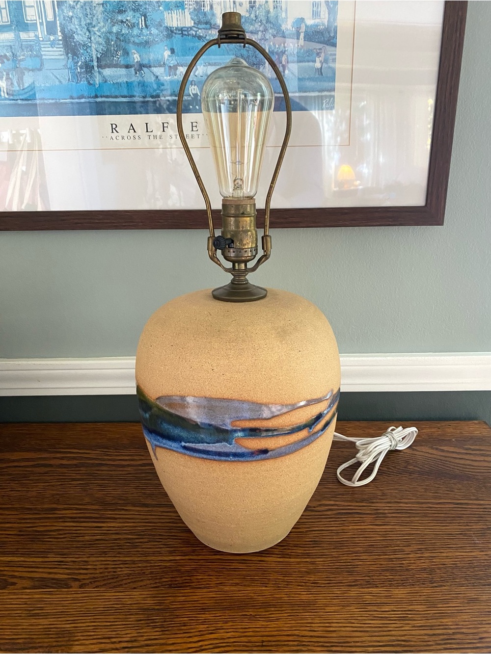 Vintage Stoneware Blue Drip Glaze Pottery Lamp Mid Century Boho Hippie